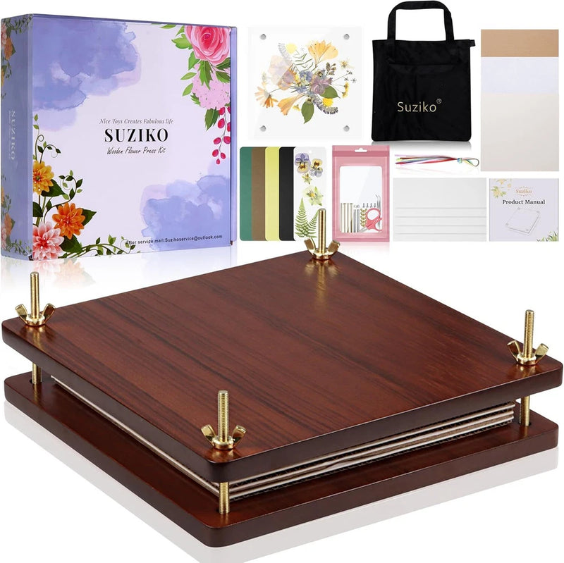 Wooden flower press kit with brass corner clips, square drying plates