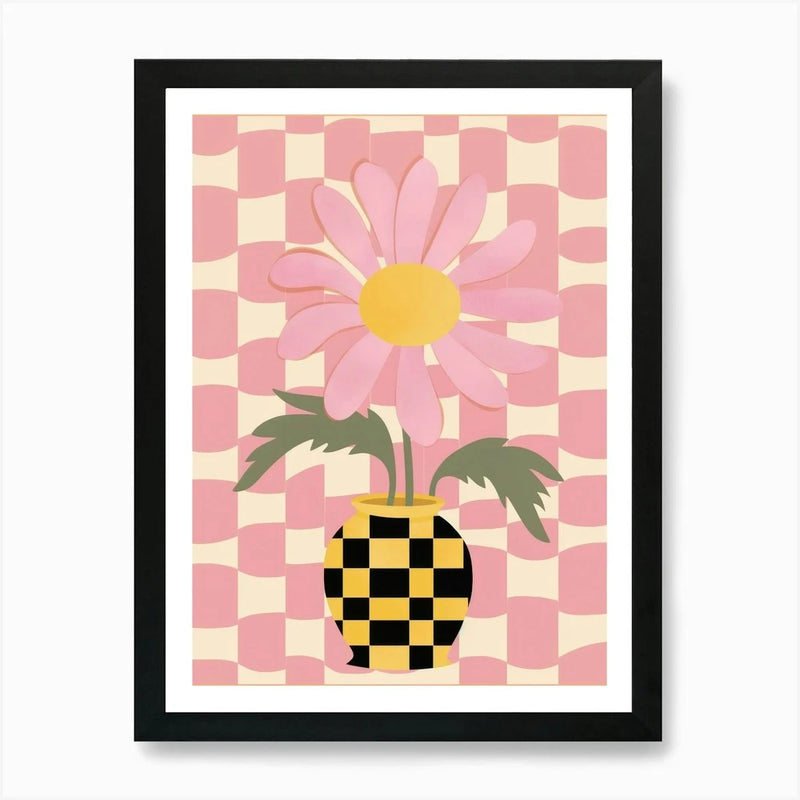 Framed floral wall art print with pink flower, yellow center, and checkered vase
