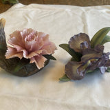 Vintage Lefton Pink Carnation On Tree & Purple Iris Porcelain Flower Figurines Carnation