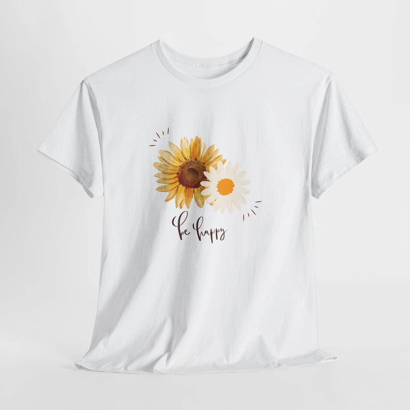 White unisex T-shirt with sunflower graphic and cursive text