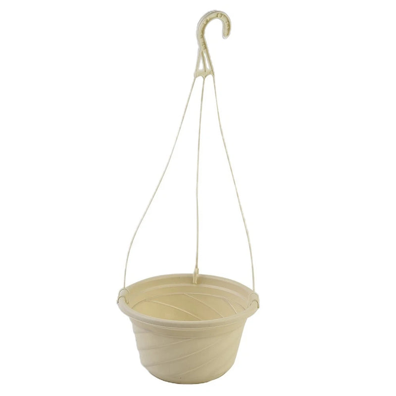 Beige plastic hanging plant pot with hook and three-cord spider stand