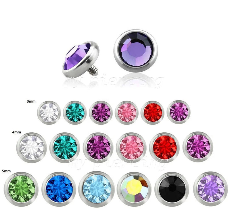 Internally threaded round flat CZ dermal anchor tops, assorted colored stones in steel bezel