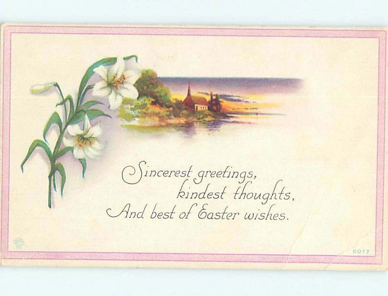 Easter greeting postcard with white lily flowers and church landscape, pink border
