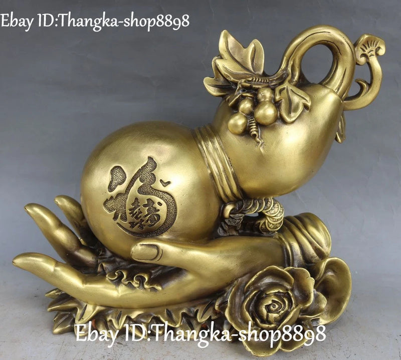 Bronze-style Buddha gourd statue with peony flower, seated on cloud base