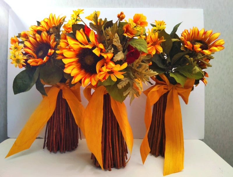 Set of 3 Bridesmaids Bouquets Fall Yellows Sunflower Foliage Faux Flower Bouquet Bouquet