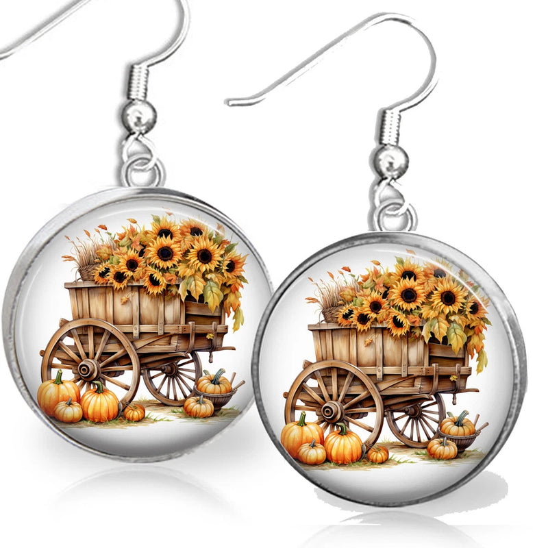 Sunflowers Cart Pumpkins Retro Fall Harvest .925 Earrings Autumn Jewelry Sunflower