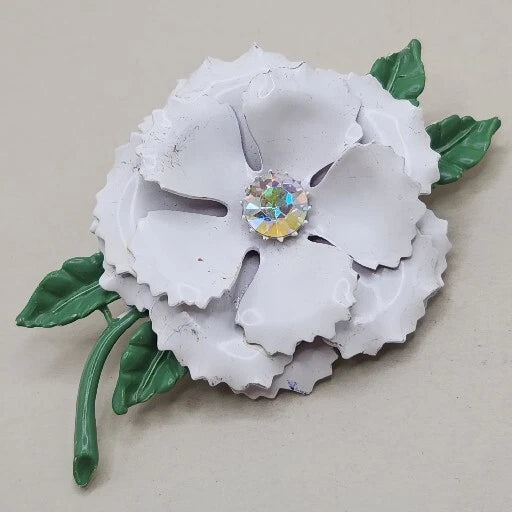 Vtg White Enameled Flower Brooch AB Rhinestone Green Leaf Estate Carnation Pin Carnation
