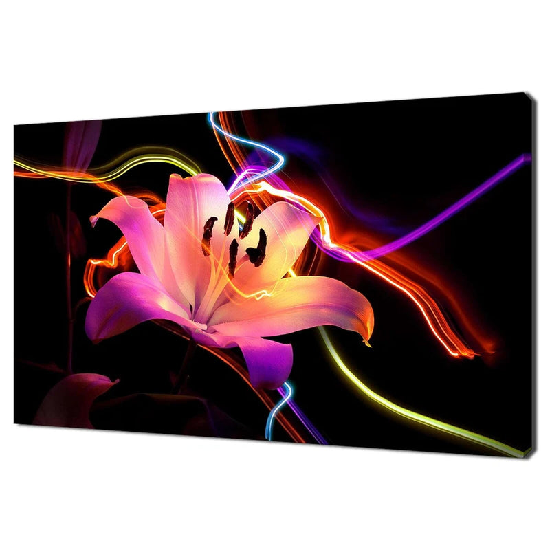 Pink lily flower canvas print with neon light swirls and butterfly silhouettes