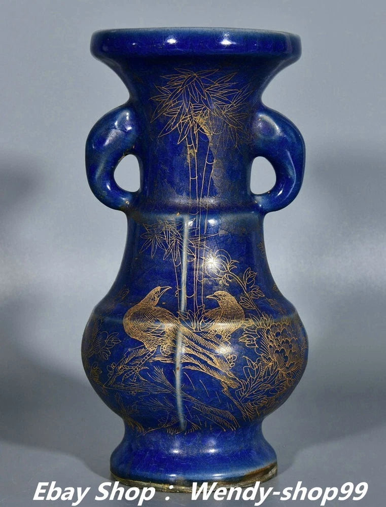 Old Dynasty Officer Kiln Blue Glaze Porcelain Gilt Peony Flower Bird Bottle Vase Peony