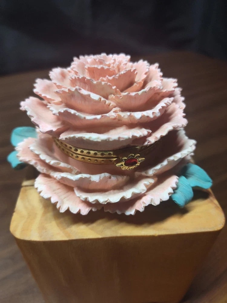 Vintage Carnation Pink Music Jewelry Box, Hinged Flower, Resin MUSIC WORKS Carnation