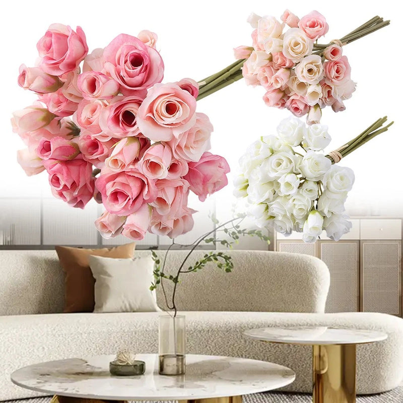 Realistic multihead rose bouquet with pink and white roses, tied with stems