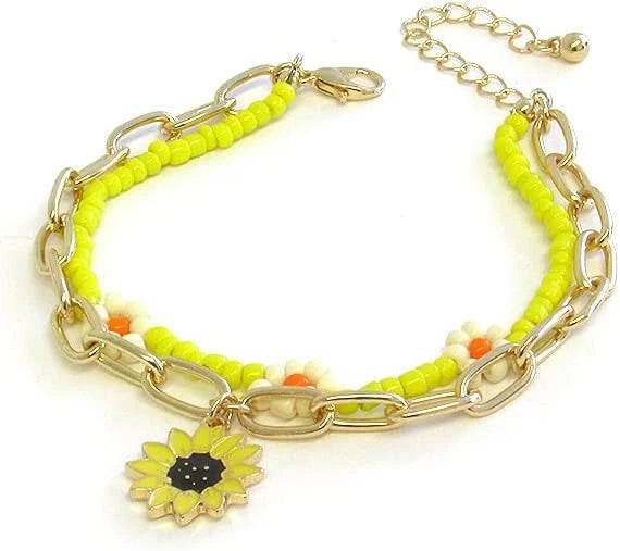 Sunflower beaded double-layer bracelet with green beads and sunflower charm