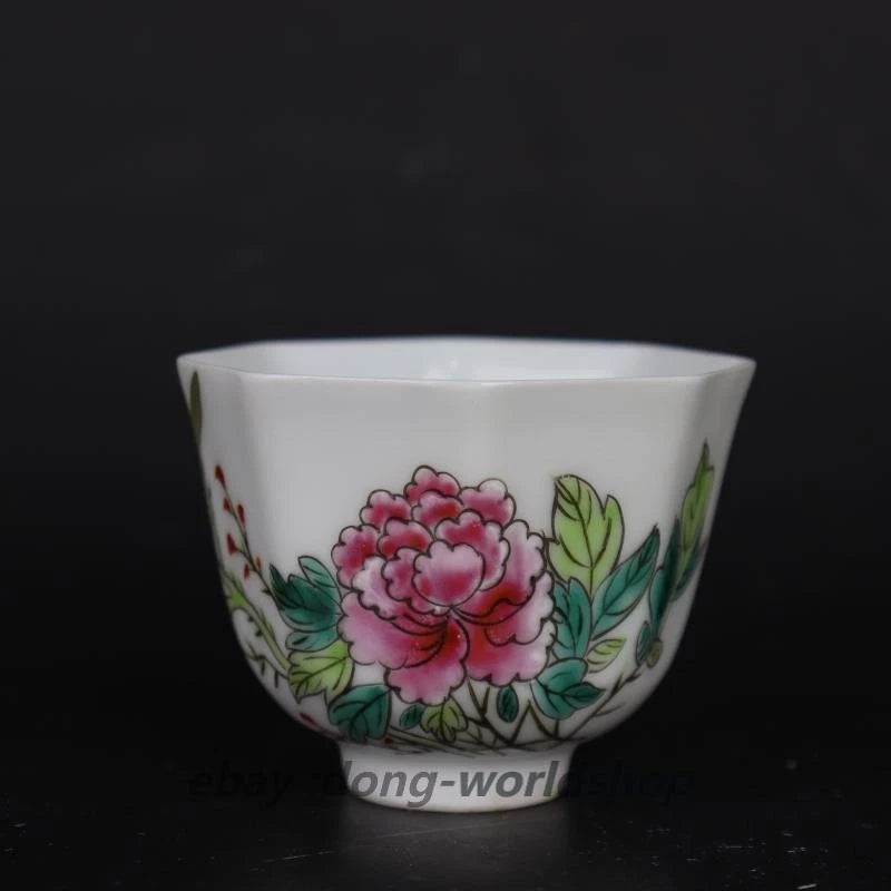 2.9" China Famille Rose Porcelain Pretty Peony Flower Eight Sides Cup Peony