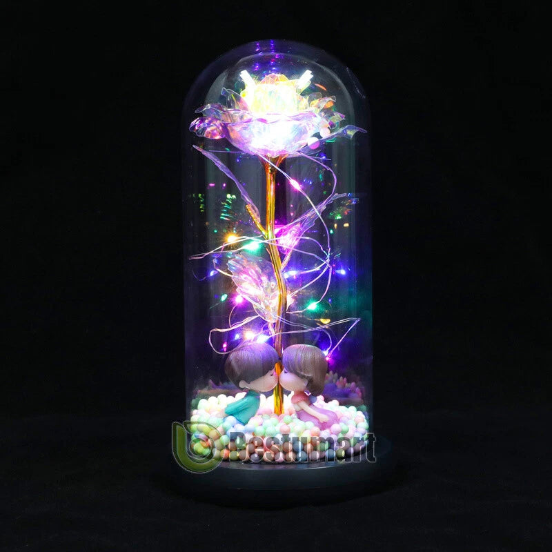 LED preserved rose under glass dome with multicolor lights, pink blossoms