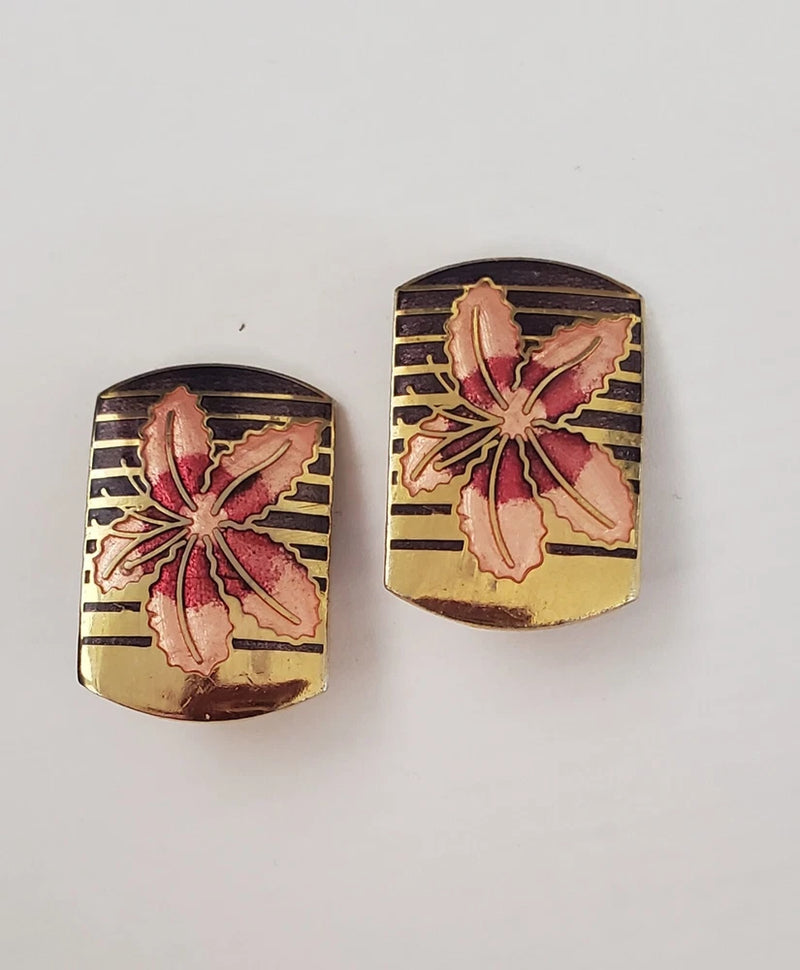Enamel Earrings Stargazer Lily Flower Pink Purple Enamel Gold Tone Clip On Lily