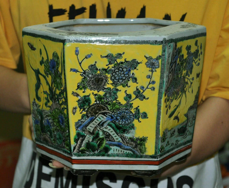 Wucai porcelain planter pot with multicolor floral and lotus pattern
