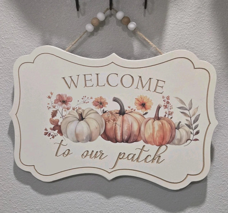 Thanksgiving Retro Welcome To Our Home Sign Pumpkins Orange White With Flowers Sunflower