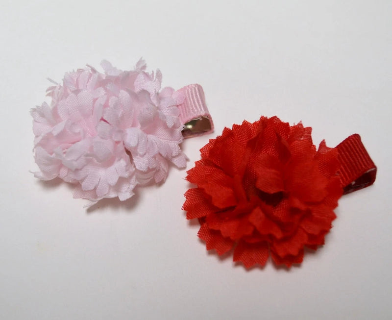 Toddler flower hair clips, pink and red fabric carnation blooms with alligator clips