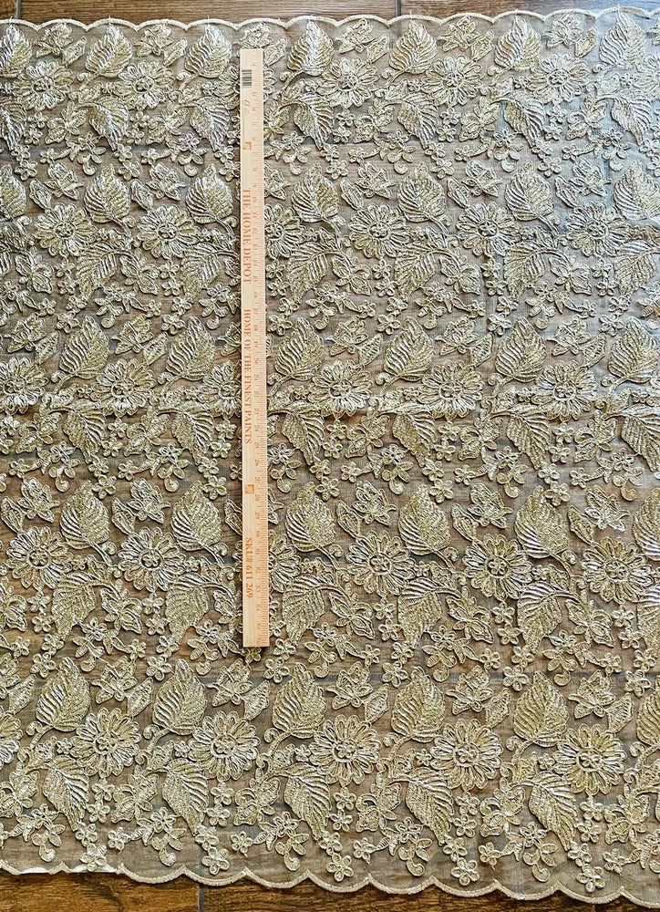 Gold Metallic Embroidered French Lace Design Embroidery Scalloped Mesh Fabric Flowering Plants
