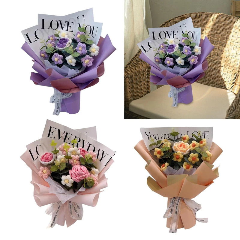 Artificial crochet flower bouquet with pink, purple, and cream faux blossoms, wrapped