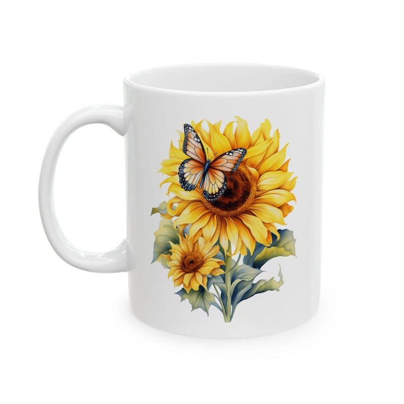 White ceramic mug with colorful sunflower and butterfly floral print
