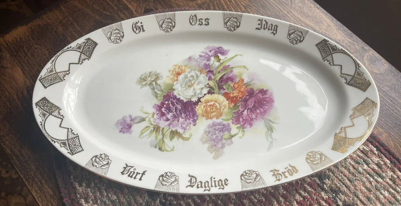 Vintage Porsgrund Porcelain Platter Floral Carnations Give Us Daily Bread Norway Carnation