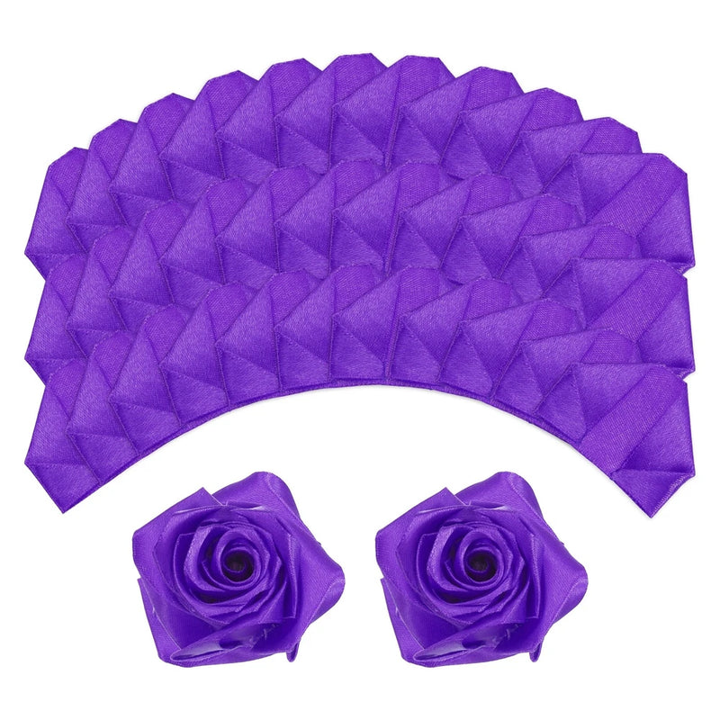 Dark purple satin ribbon rose petals with two small rose rosettes