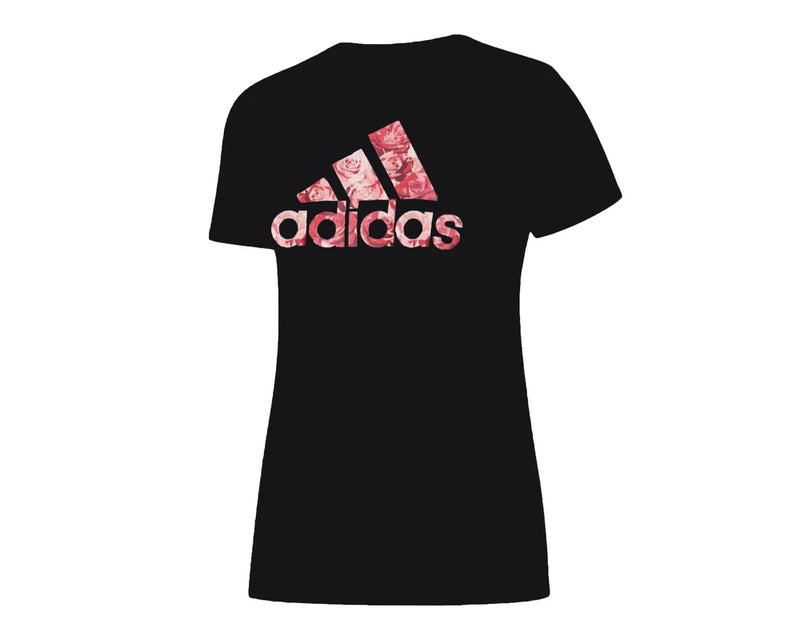 Women's fitted Adidas graphic T-shirt in black, rose logo print on front