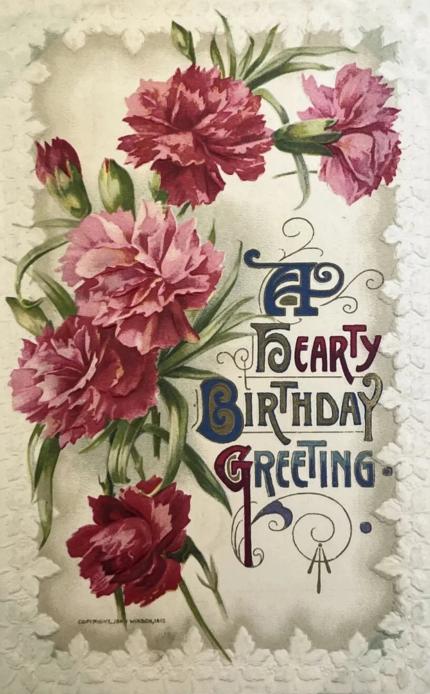 Vintage birthday postcard with embossed carnation flowers and Happy Birthday Greetings text