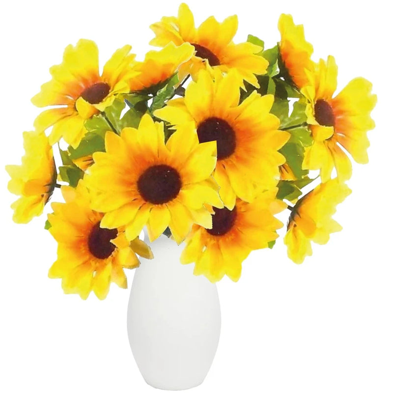 Artificial sunflower bouquet with bright yellow and orange blooms, dark centers in white vase