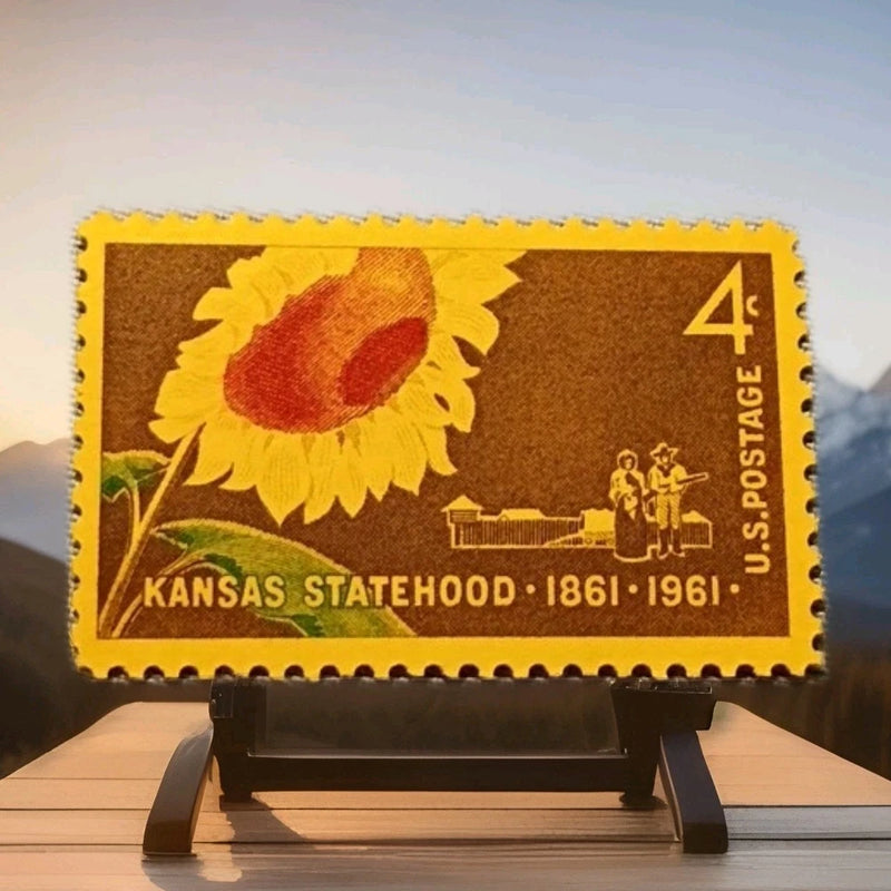 Mint 4¢ postage stamp with sunflower and Kansas Statehood 1861–1961 text, perforated
