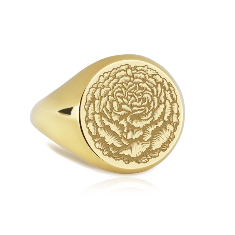 14k gold signet ring with raised floral carnation engraving, round face