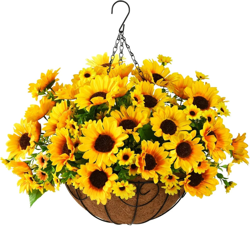 Artificial hanging basket of yellow sunflower faux flowers with black centers