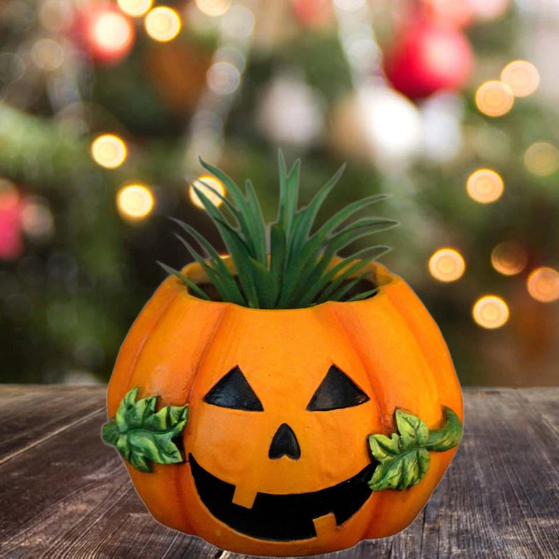 Orange jack-o-lantern pumpkin planter with carved face, holding a small green plant