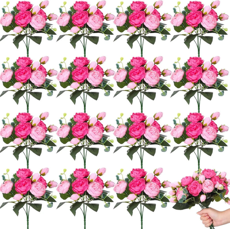 Set of 16 pink artificial peony flower stems with green leaves for wedding or home decor
