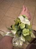 Wrist Corsage In Sage Green Flowers, Fillers & Bow.  Perfect For Prom Or Formal Bouquet