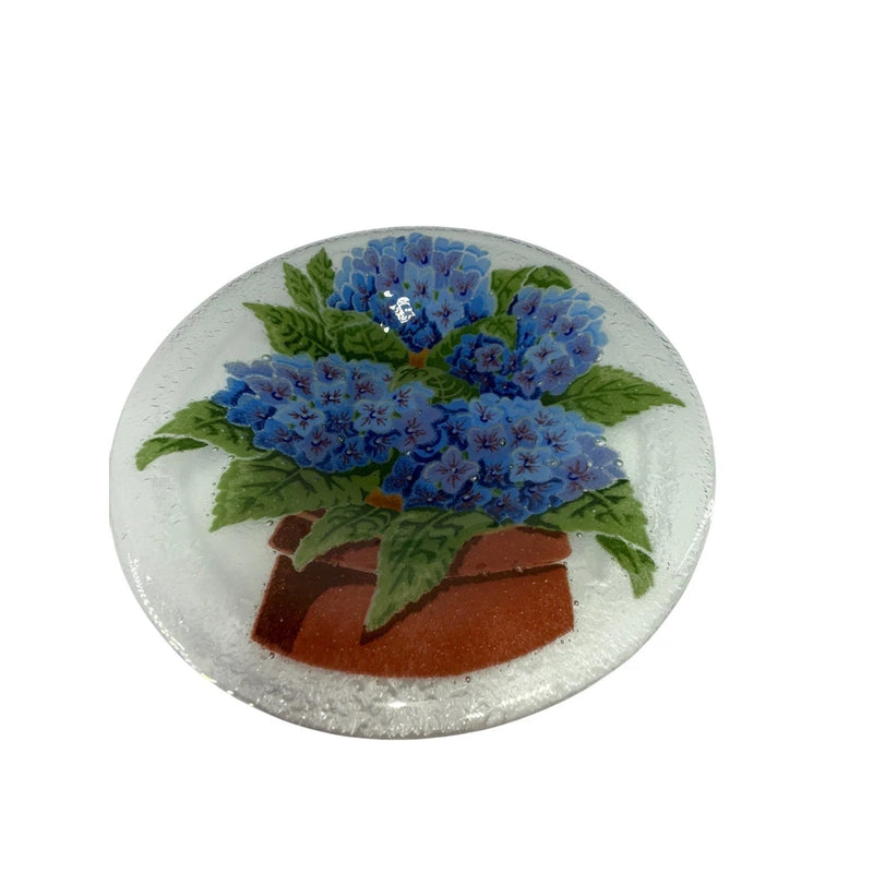 Fused Glass Plate Hydrangea Flowers Pot Design Decorative Art Dish 8.5 Hydrangea