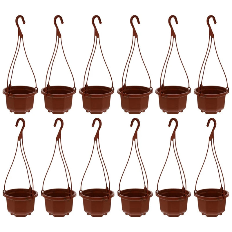 Set of 12 hanging plastic flower pots with brown hooks and cups