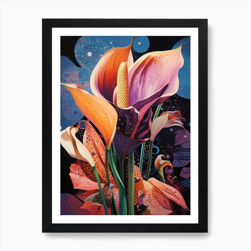 Framed wall art print with colorful calla lilies and abstract floral background