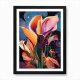 Framed wall art print with colorful calla lilies and abstract floral background