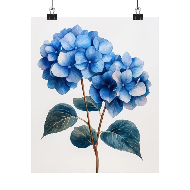 Blue hydrangea flower art print poster with layered blue blooms and green leaves