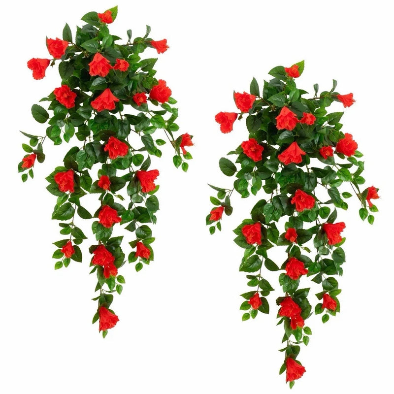 41" UV Resistant Artificial Hibiscus Hanging Plant (Indoor/Outdoor) - Set of 2 Green Plant