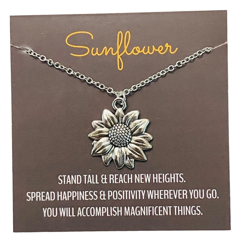 Silver sunflower pendant necklace with inspirational quote card and chain