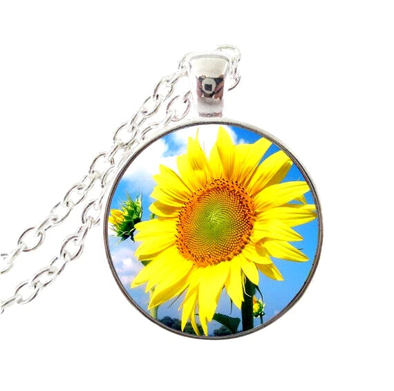 Sterling silver sunflower art pendant necklace with round glass cabochon