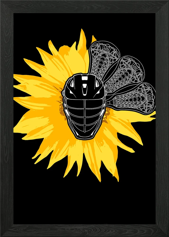 Framed wall art print with yellow sunflower and black helmet-like face, white wing details