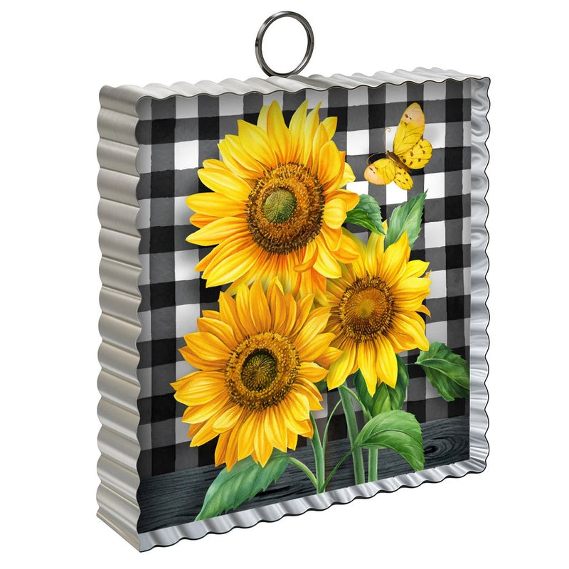 Black-and-white checkered metal mini decor with yellow sunflowers, butterflies, and ring handle