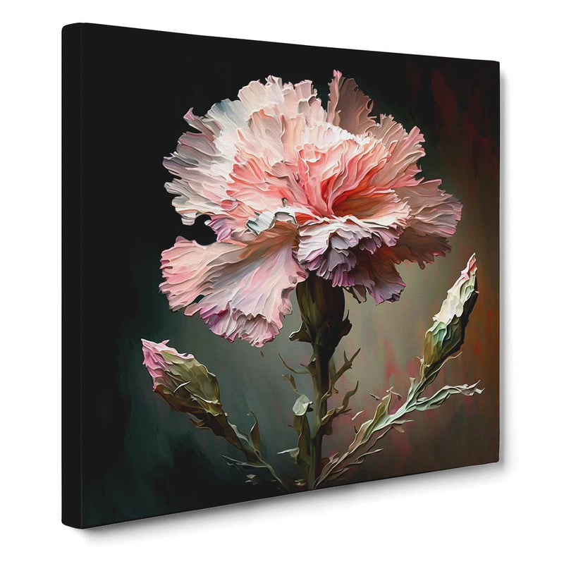 Framed canvas wall art with pink carnation flowers, palette-knife style.