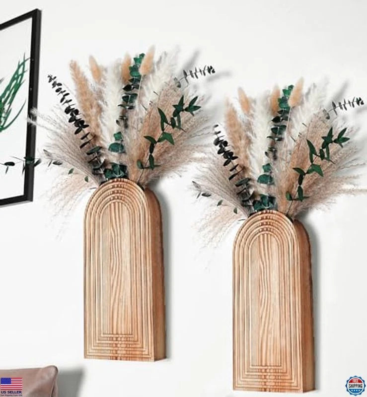 Set of 2 Wooden Vases with Pampas Grass & Eucalyptus - Boho Home Decor Pampas Grass