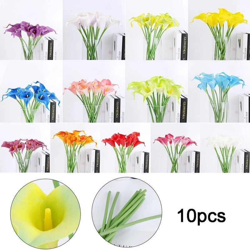 Artificial calla lily flowers, 10-piece set in assorted colors with green stems