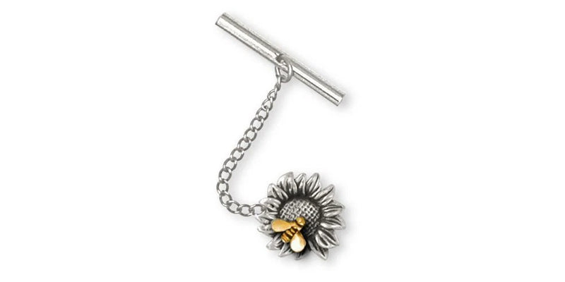 Sunflower tie tack with silver pin, chain, and gold-and-silver flower charm